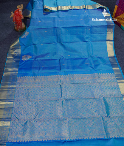 Beautiful Dual Tone Blue Pure Kanjivaram Silk Saree With Traditional Border