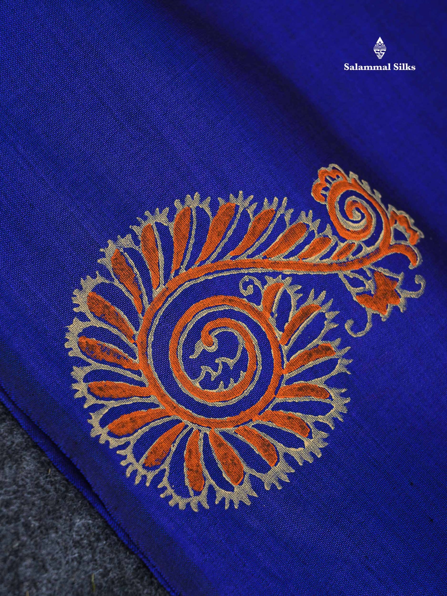 South Cotton Saree - Royal Blue Printed Saree With Contrast Orange Blouse