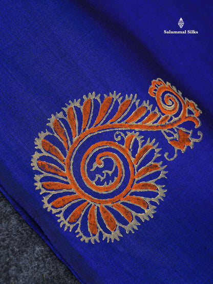 South Cotton Saree - Royal Blue Printed Saree With Contrast Orange Blouse
