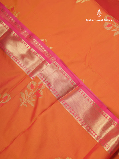 Beautiful Orange Semi Silk Saree With Contrast Chilly Reddish Pink Traditional Evening Morning Border