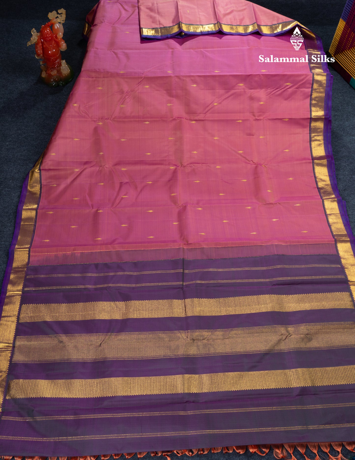 Mustard Yellow Pure Kanjivaram Silk Saree With Contrast Dark Purple Small Traditional Border