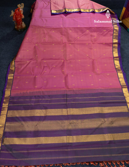 Mustard Yellow Pure Kanjivaram Silk Saree With Contrast Dark Purple Small Traditional Border