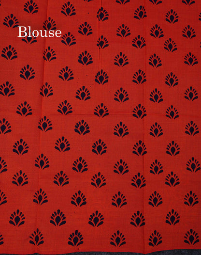 South Cotton Saree - Royal Blue Printed Saree With Contrast Orange Blouse