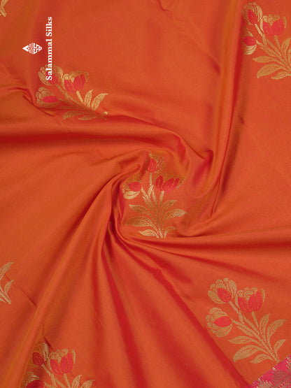 Beautiful Orange Semi Silk Saree With Contrast Chilly Reddish Pink Traditional Evening Morning Border