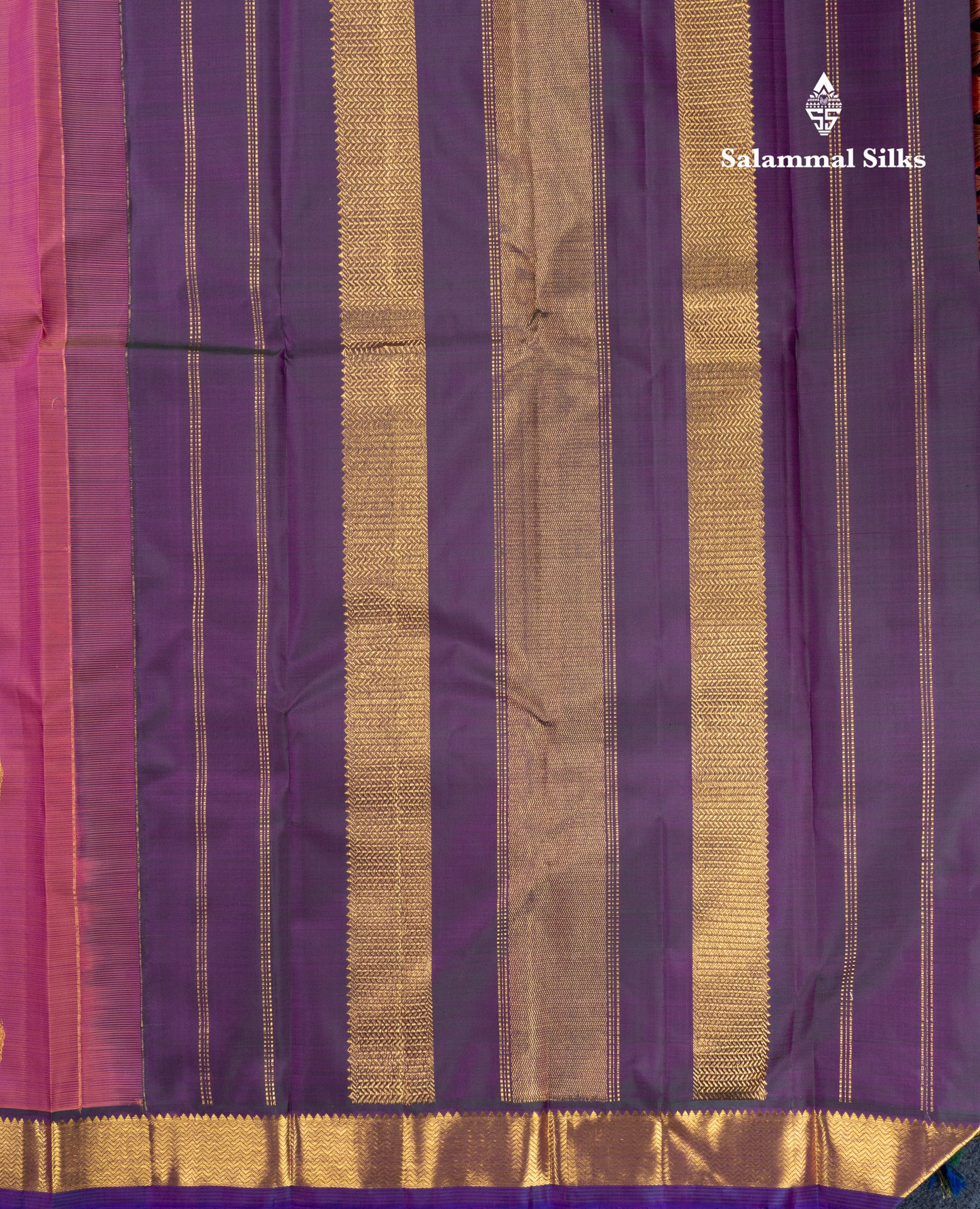 Mustard Yellow Pure Kanjivaram Silk Saree With Contrast Dark Purple Small Traditional Border