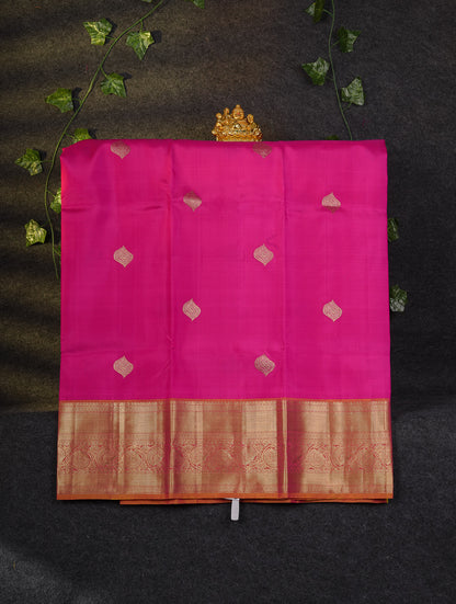 Beautiful Pure Silk Pattu Pavadai (Magenta Pink) With Contrast Pinkish Orange Blouse 45"