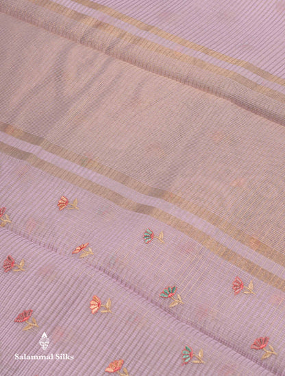 Beautiful Lavender Embroidery Floral Design Kota Cotton  Mix Saree With Fancy Border