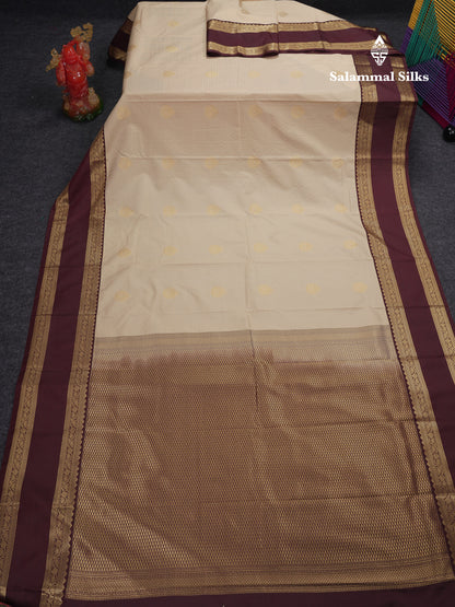 Beautiful Cream Sandal Checks With Butta Semi Silk Saree With Contrast Dark Brown Traditional Rettapet Border