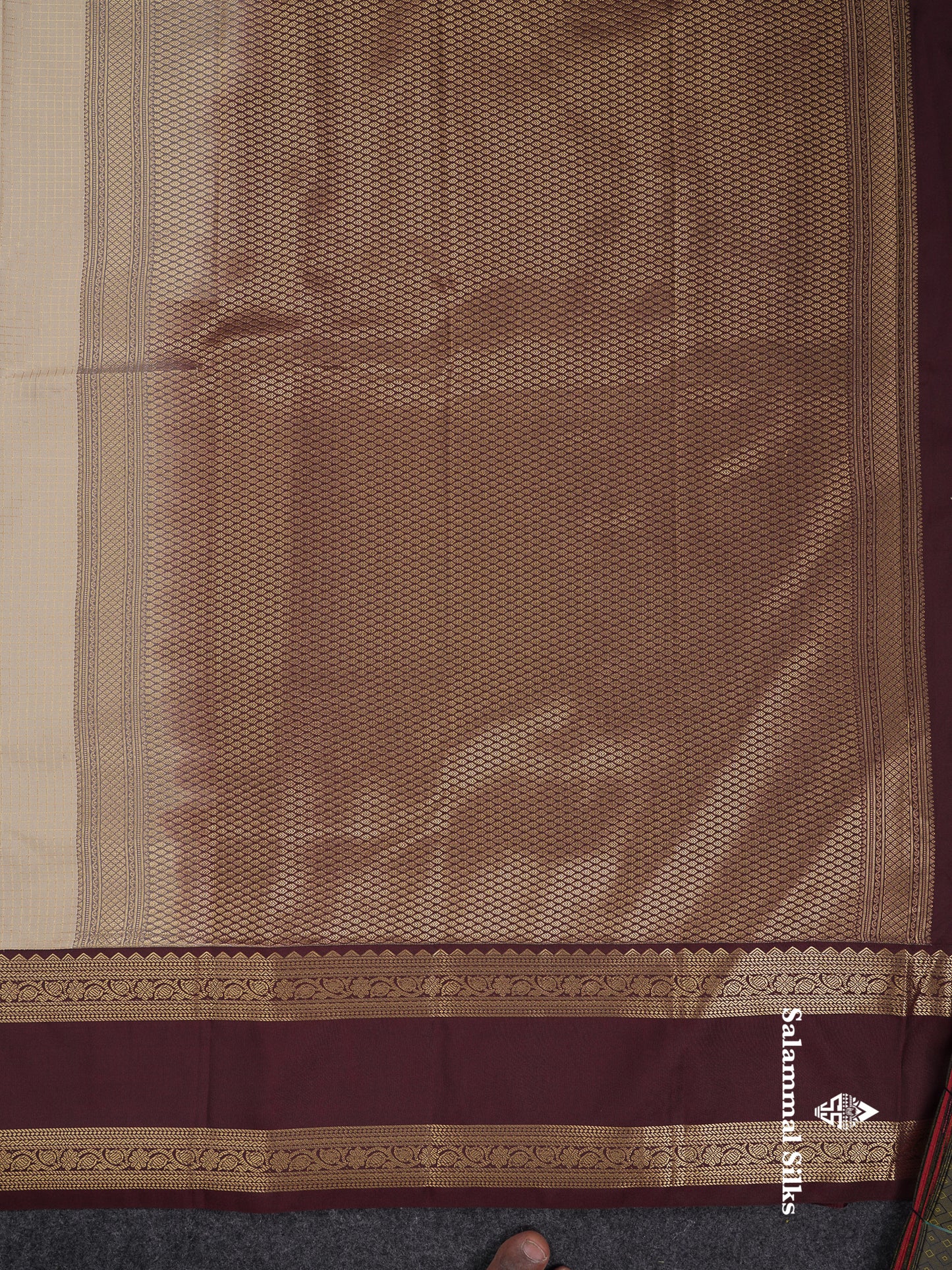 Beautiful Cream Sandal Checks With Butta Semi Silk Saree With Contrast Dark Brown Traditional Rettapet Border
