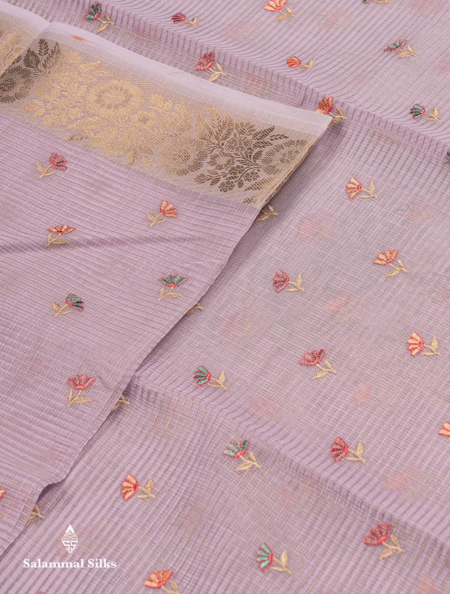 Beautiful Lavender Embroidery Floral Design Kota Cotton  Mix Saree With Fancy Border