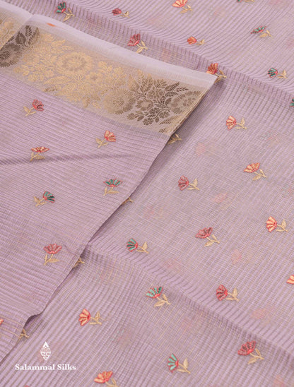 Beautiful Lavender Embroidery Floral Design Kota Cotton  Mix Saree With Fancy Border