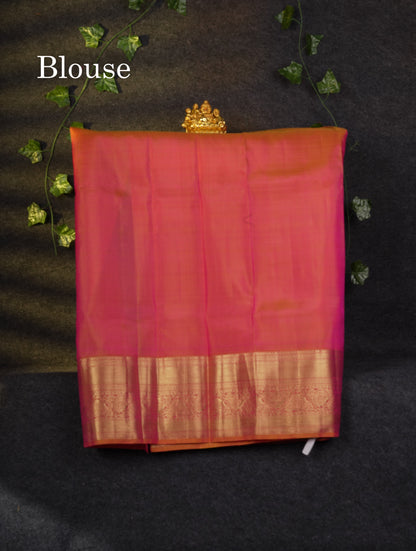 Beautiful Pure Silk Pattu Pavadai (Magenta Pink) With Contrast Pinkish Orange Blouse 45"