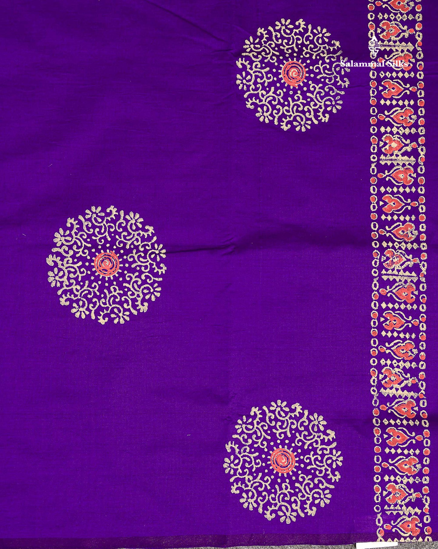 South Cotton Saree - Violet Printed Saree With Contrast Cream Blouse