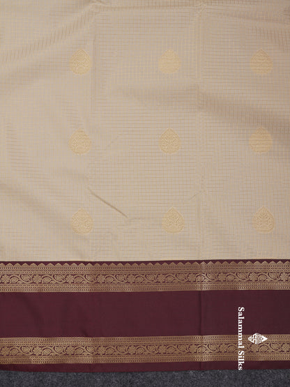 Beautiful Cream Sandal Checks With Butta Semi Silk Saree With Contrast Dark Brown Traditional Rettapet Border