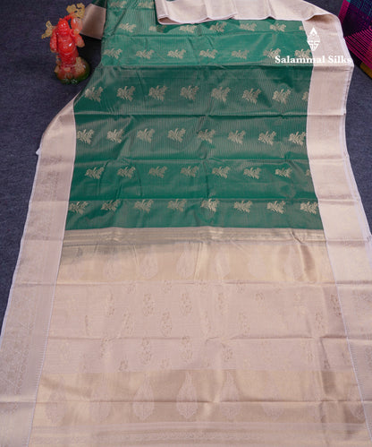Beautiful Bottle Green Vaira Oosi Semi Silk Saree With Contrast Cream Traditional Border