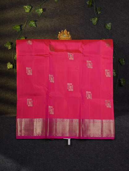 Beautiful Pure Silk Pattu Pavadai (Dual Tone Pinkish Peach) With Contrast Magenta Pink Blouse 45"
