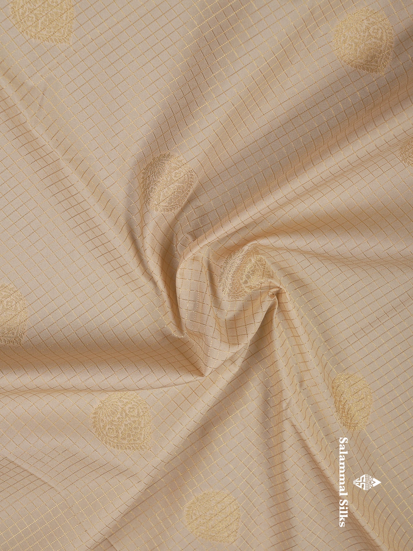Beautiful Cream Sandal Checks With Butta Semi Silk Saree With Contrast Dark Brown Traditional Rettapet Border