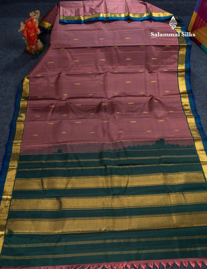 Dual Tone Chocolate Pure Kanjivaram Silk Saree With Contrast Bottle Green Blouse