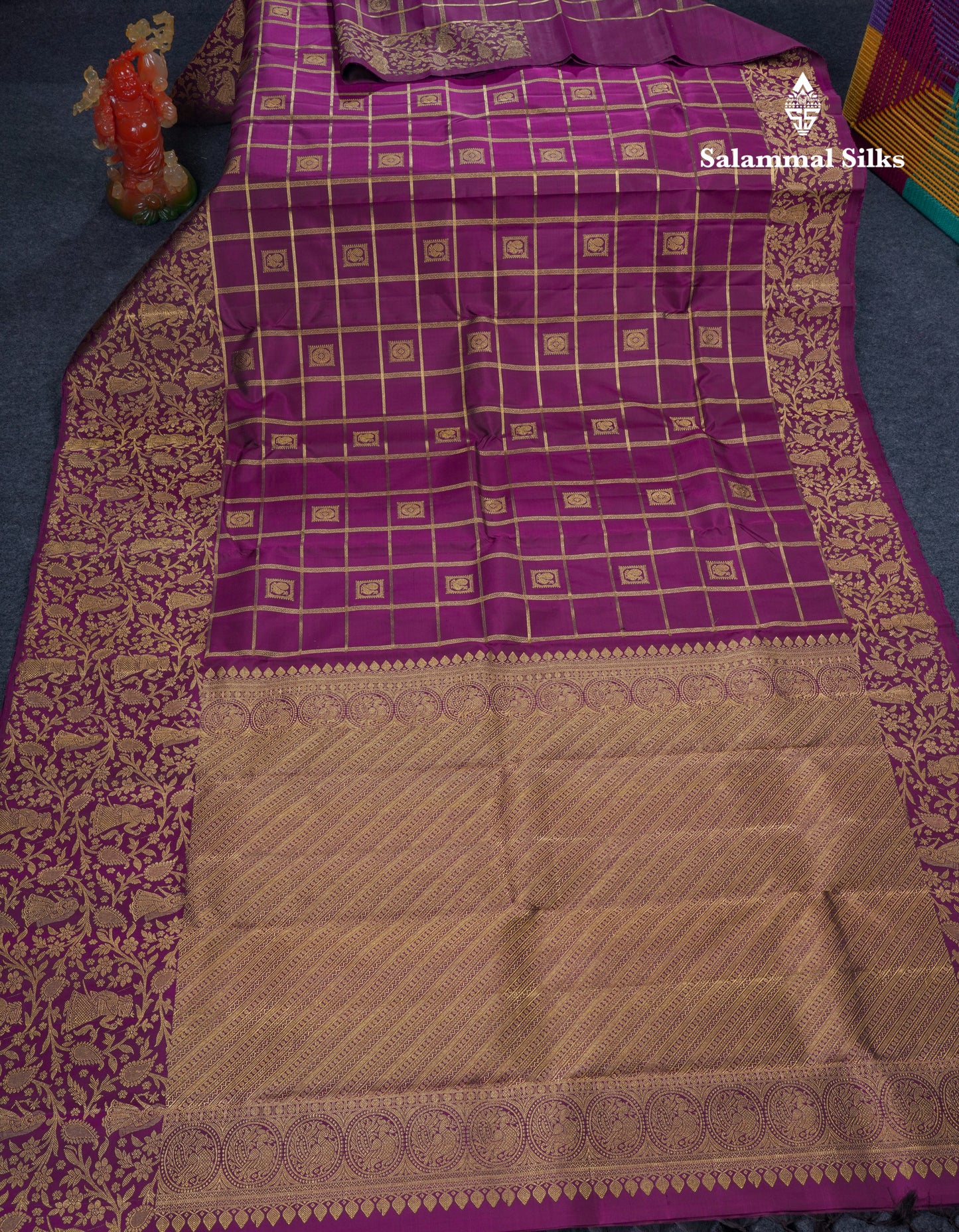 Beautiful Dark Purple Zari Checks With Traditional Butta Bridal Pure Kanjivaram Silk Saree With Fancy Border