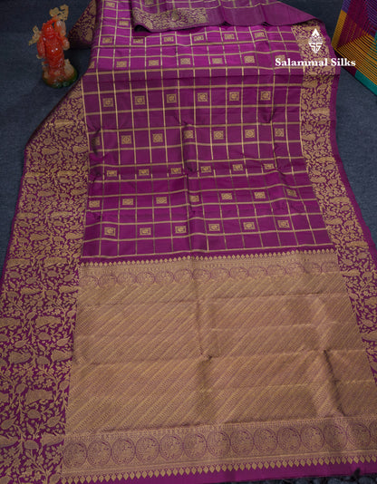 Beautiful Dark Purple Zari Checks With Traditional Butta Bridal Pure Kanjivaram Silk Saree With Fancy Border