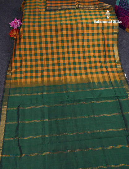 Paalum Pazham Small Checks Pure Silk Cotton Saree With Contrast Bottle Green Blouse