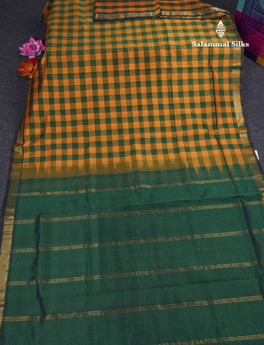 Paalum Pazham Small Checks Pure Silk Cotton Saree With Contrast Bottle Green Blouse