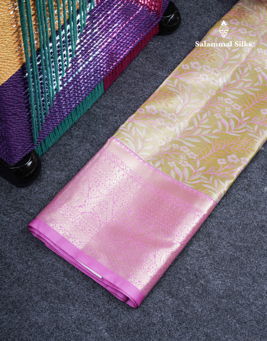 Semi Silk Pattu Pavadai Tissue (Olive Mustard Yellow) With Pink Blouse 36"