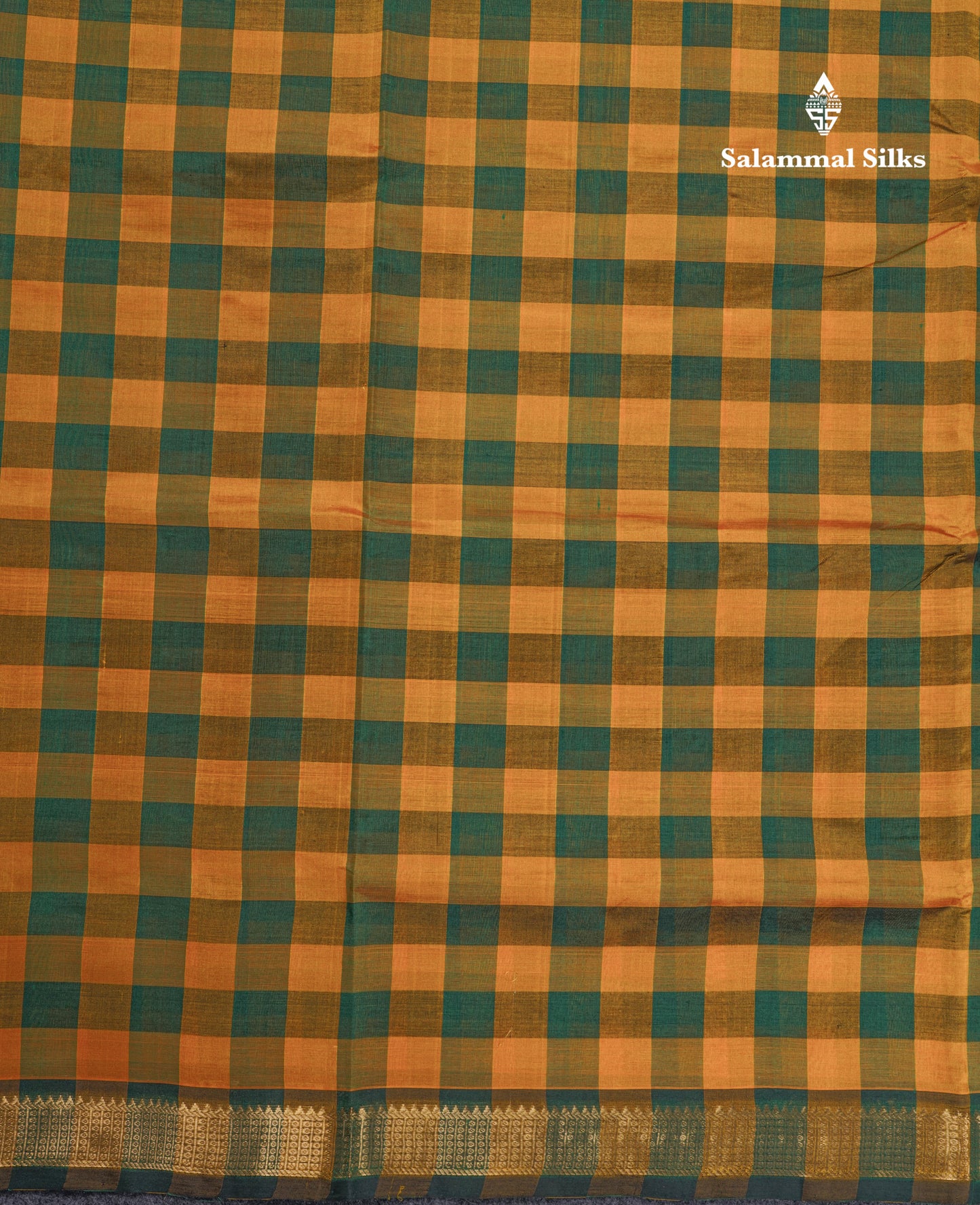 Paalum Pazham Small Checks Pure Silk Cotton Saree With Contrast Bottle Green Blouse