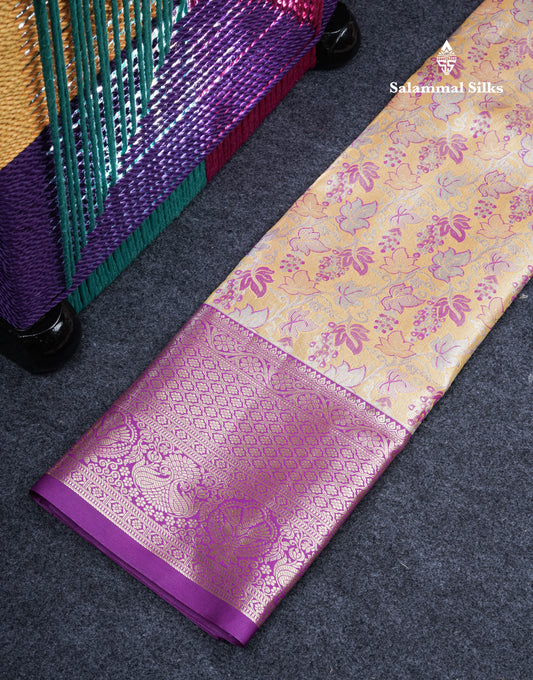 Semi Silk Pattu Pavadai Tissue (Golden Yellow) With Magenta Pink Blouse 35.5"