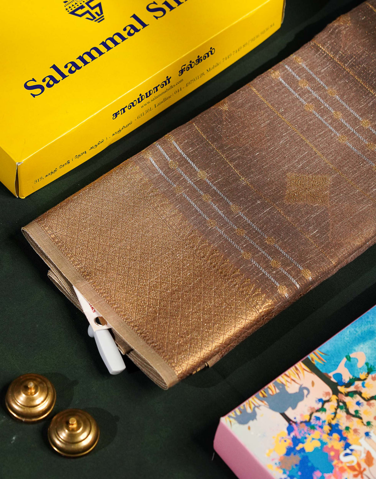 Linen Cotton Mix Saree - Brown Gold & Silver Zari Lines Along With Traditional Border