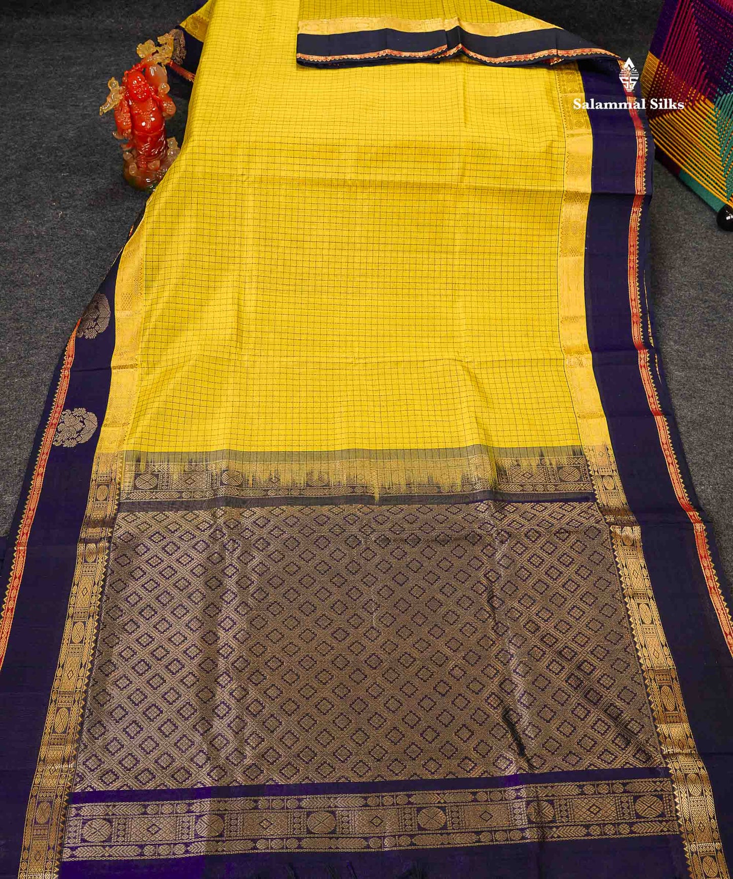 Pure Silk Cotton Saree - Lemon Yellow Small Checks Along With Contrast Dark Navy Blue Traditional Border