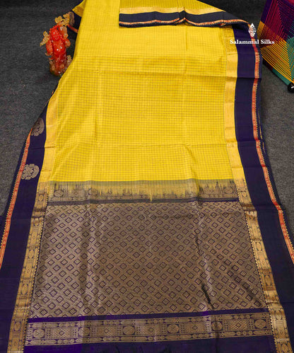 Pure Silk Cotton Saree - Lemon Yellow Small Checks Along With Contrast Dark Navy Blue Traditional Border