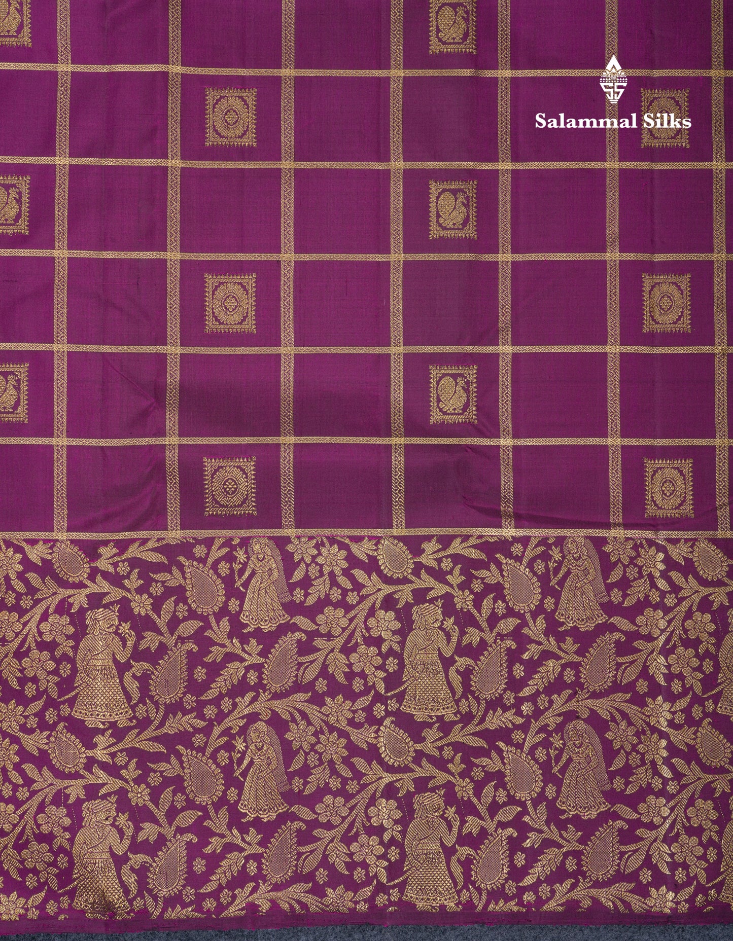 Beautiful Dark Purple Zari Checks With Traditional Butta Bridal Pure Kanjivaram Silk Saree With Fancy Border