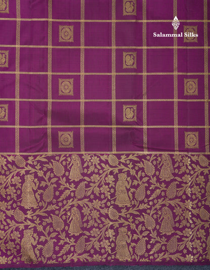 Beautiful Dark Purple Zari Checks With Traditional Butta Bridal Pure Kanjivaram Silk Saree With Fancy Border