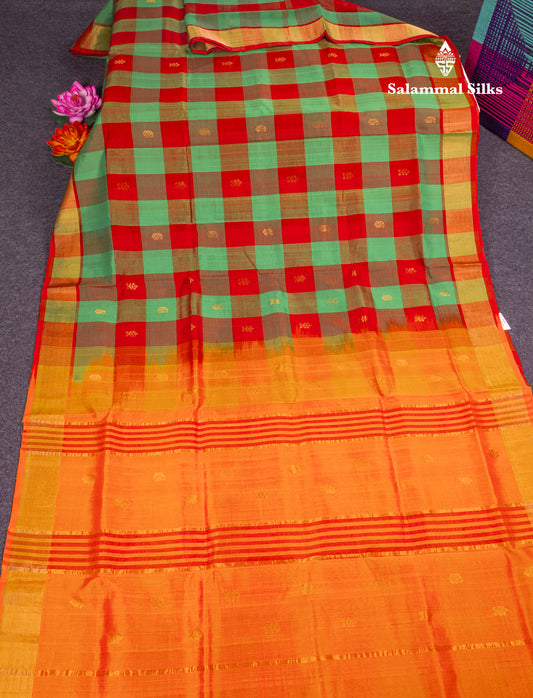 Paalum Pazham Checks Pure Silk Cotton Saree With Contrast Mustard Yellow Blouse