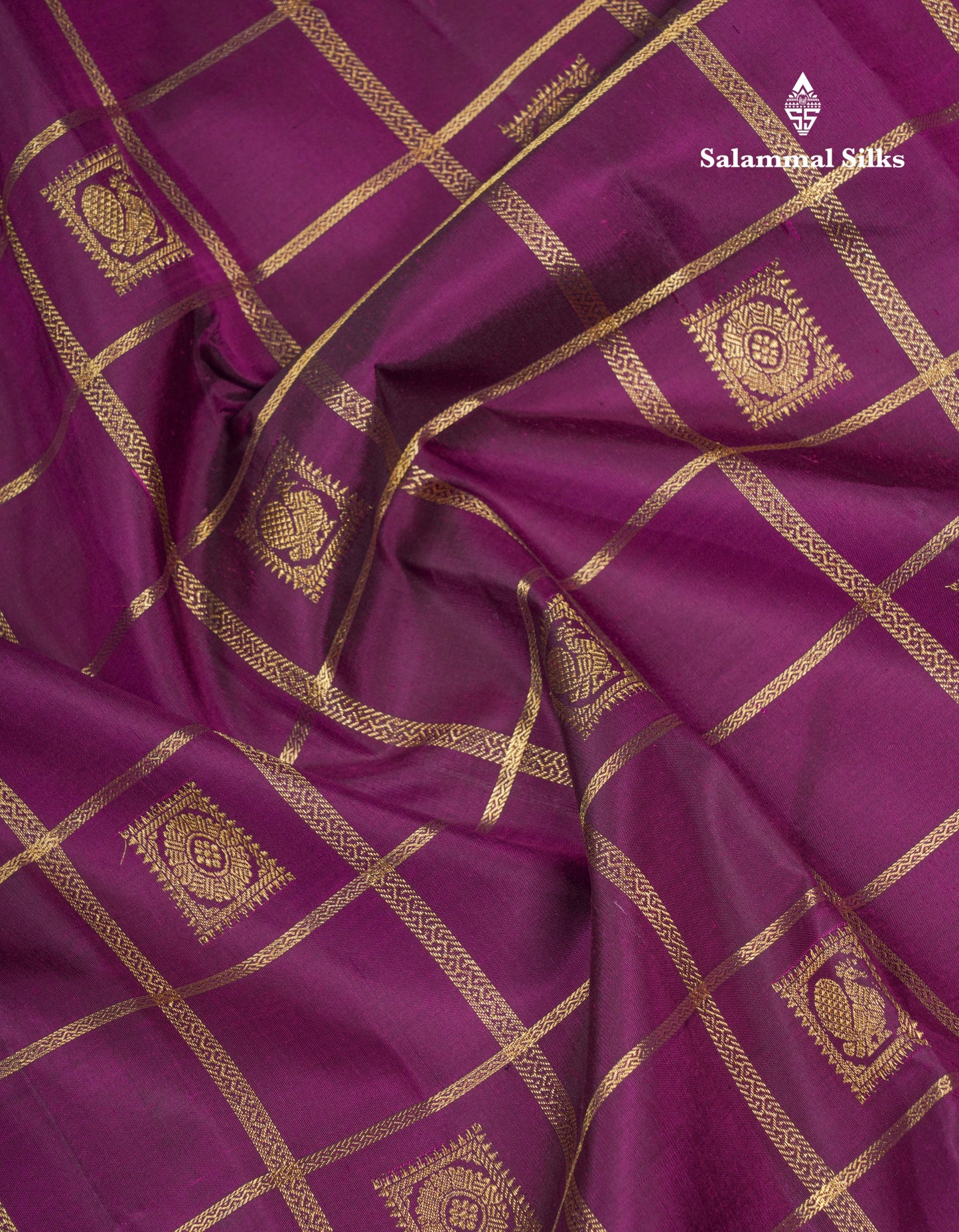 Beautiful Dark Purple Zari Checks With Traditional Butta Bridal Pure Kanjivaram Silk Saree With Fancy Border