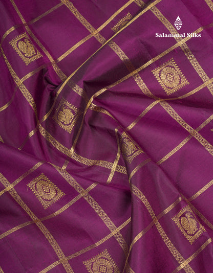 Beautiful Dark Purple Zari Checks With Traditional Butta Bridal Pure Kanjivaram Silk Saree With Fancy Border