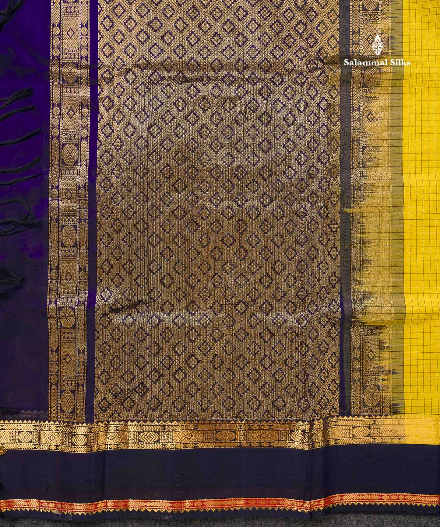 Pure Silk Cotton Saree - Lemon Yellow Small Checks Along With Contrast Dark Navy Blue Traditional Border