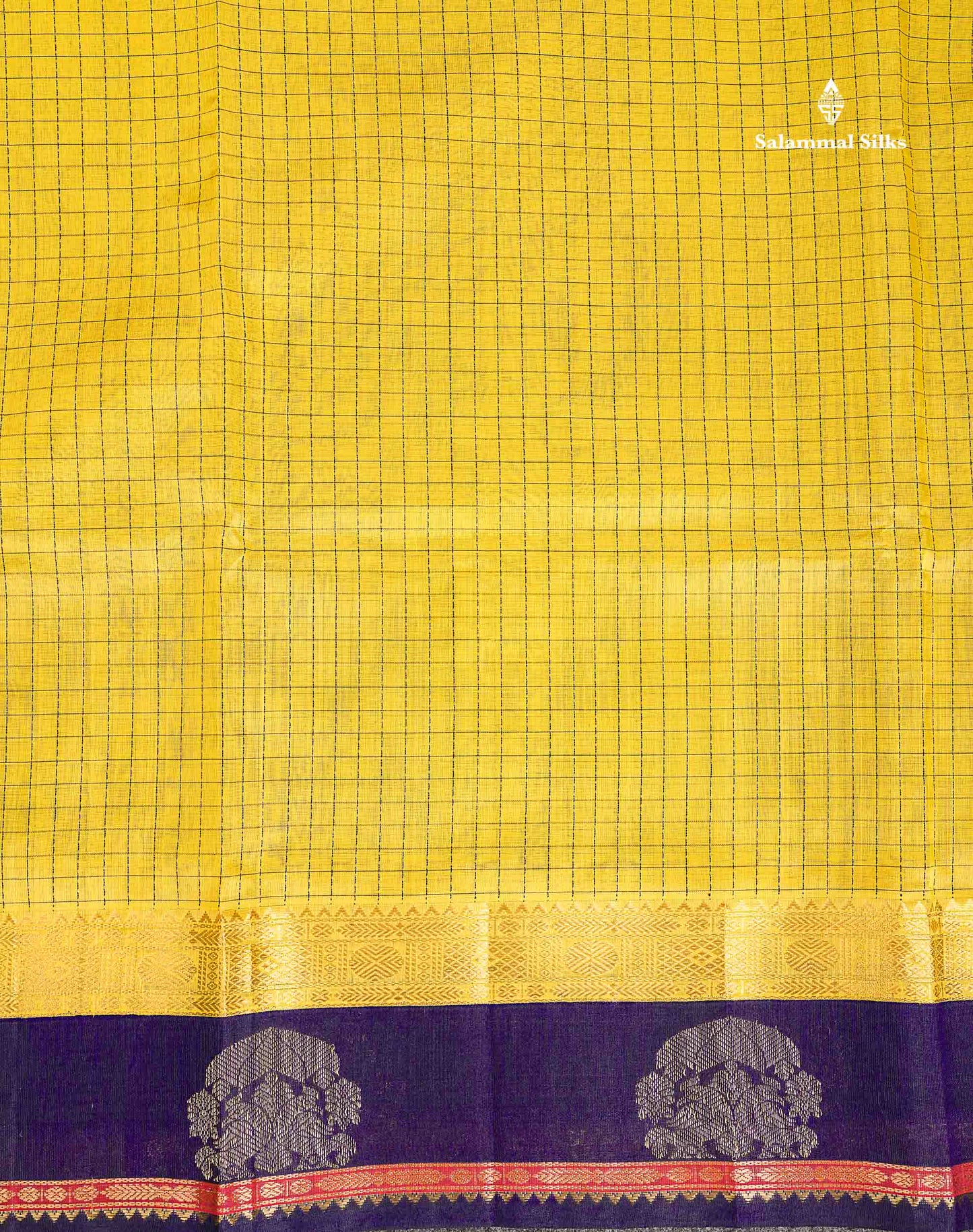 Pure Silk Cotton Saree - Lemon Yellow Small Checks Along With Contrast Dark Navy Blue Traditional Border