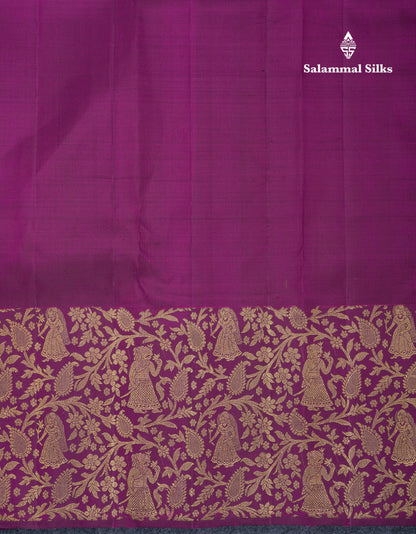 Beautiful Dark Purple Zari Checks With Traditional Butta Bridal Pure Kanjivaram Silk Saree With Fancy Border