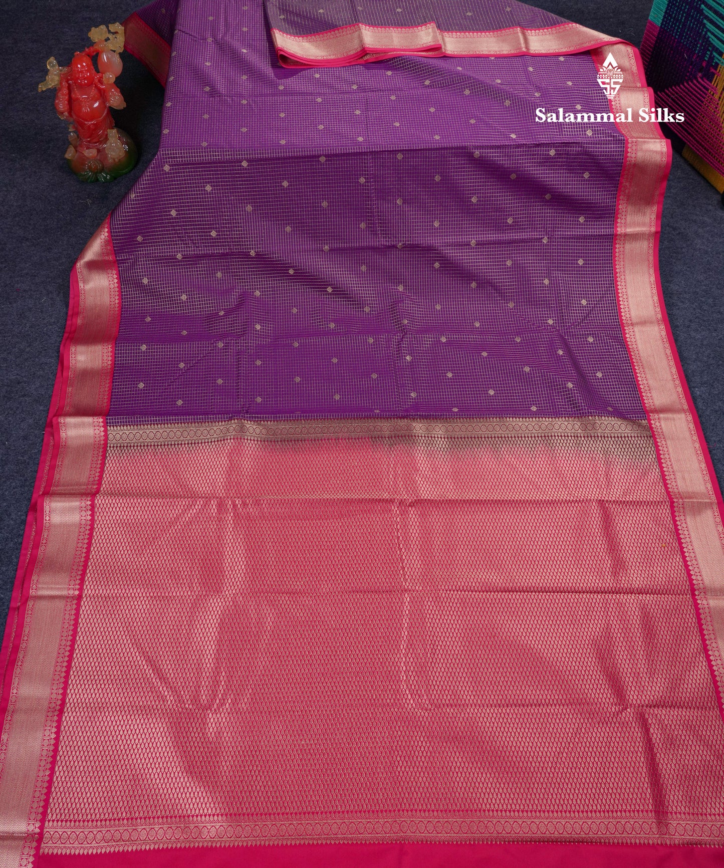 Beautiful Dark Purple Small Checks Semi Silk Saree With Contrast Pink Traditional Medium Border