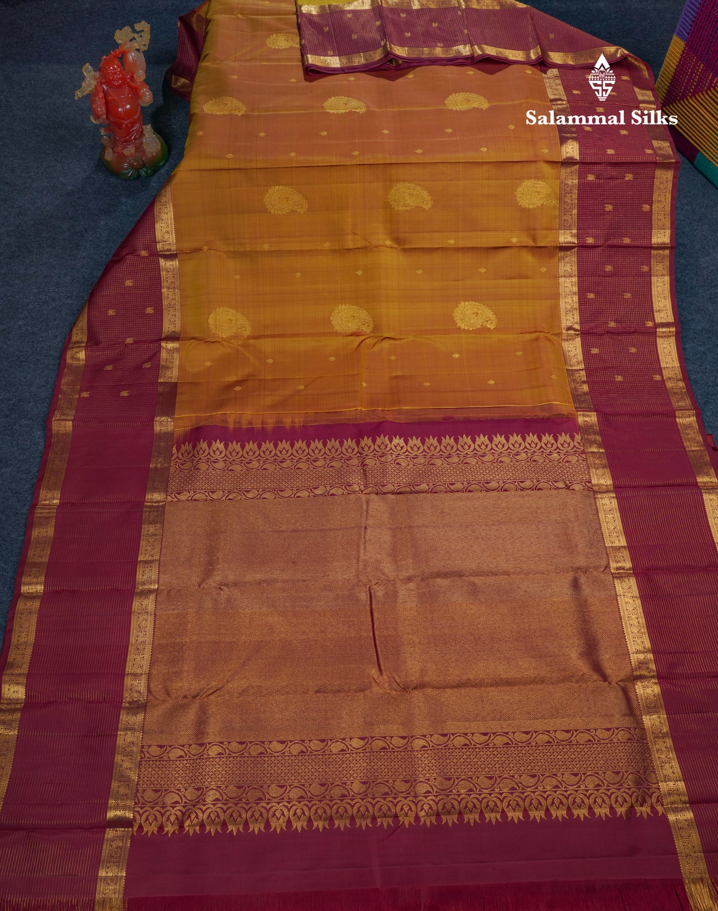 Dual Tone Mustard Yellow Pure Kanjivaram Silk Saree With Contrast Dark Maroon Vaira Oosi Tiny Checks With Traditional Butta Border