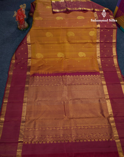 Dual Tone Mustard Yellow Pure Kanjivaram Silk Saree With Contrast Dark Maroon Vaira Oosi Tiny Checks With Traditional Butta Border