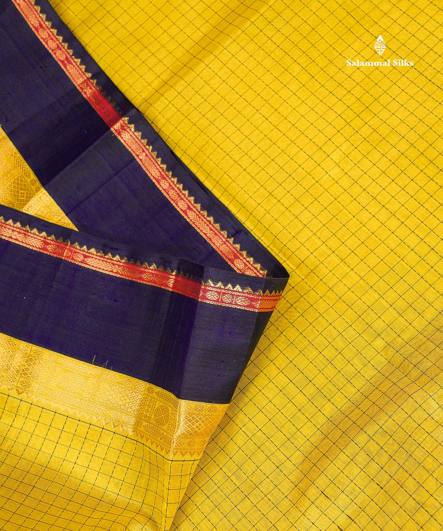 Pure Silk Cotton Saree - Lemon Yellow Small Checks Along With Contrast Dark Navy Blue Traditional Border