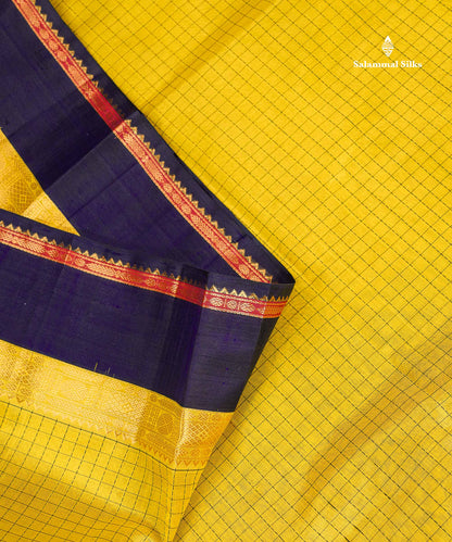 Pure Silk Cotton Saree - Lemon Yellow Small Checks Along With Contrast Dark Navy Blue Traditional Border
