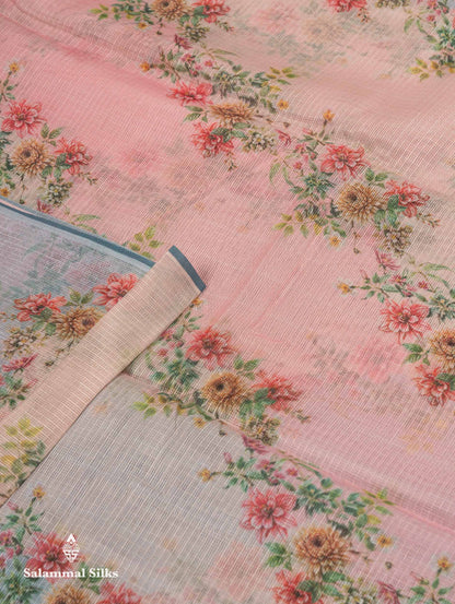 Beautiful Multicolour Floral Design Kota Cotton Mix Fancy Saree With Contrast Bottle Green Blouse