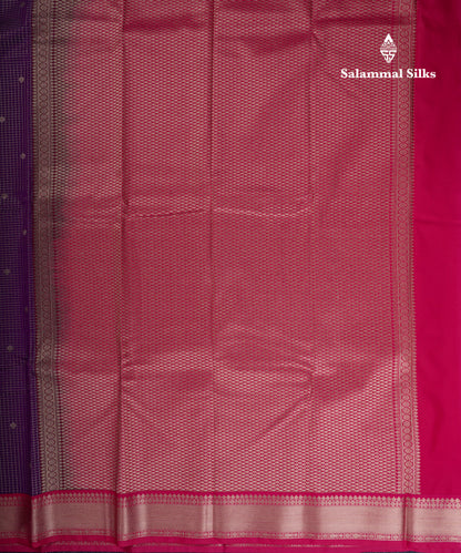 Beautiful Dark Purple Small Checks Semi Silk Saree With Contrast Pink Traditional Medium Border