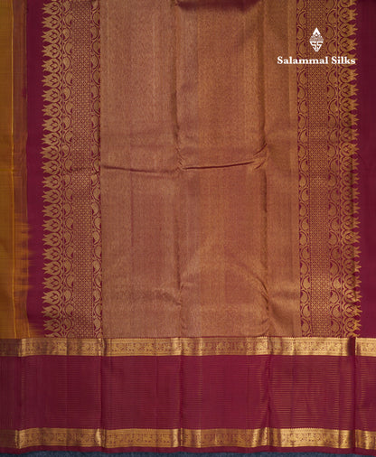 Dual Tone Mustard Yellow Pure Kanjivaram Silk Saree With Contrast Dark Maroon Vaira Oosi Tiny Checks With Traditional Butta Border