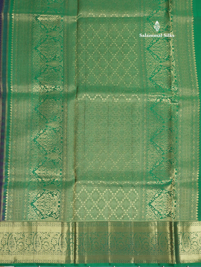 Navy Blue Bridal Pure Kanjivaram Silk Saree With Contrast Saffire Green Border