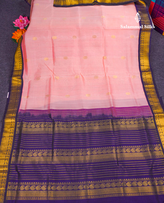 Baby Pink Pure Silk Cotton Saree With Contrast Navy Blue Traditional Border